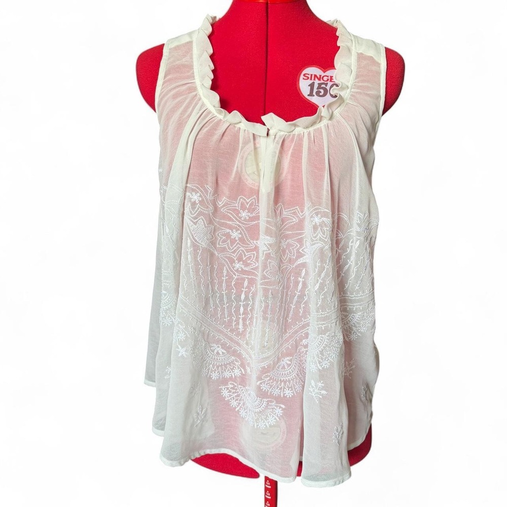 Nom De Plume Ivory sheer sleeveless blouse with white floral embroidery Small